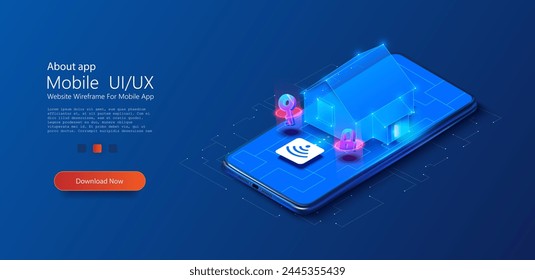 Smart Home Technology Concept on Smartphone Screen. Futuristic smart home control interface with glowing icons on a smartphone screen, showcasing connectivity and modern living.  IOT technology.