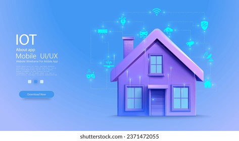 Smart home technology conceptual banner, Internet of Things Concept. Automation and data exchange in manufacturing technologies. Cybersecurity of the Internet of Things of a country house. Vector