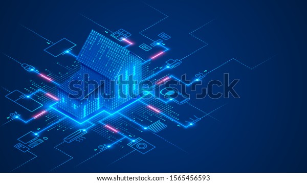 Smart home technology conceptual banner. Building\
consists digits and connected with icons of domestic smart devices.\
illustration concept of System intelligent control house on blue\
background. IOT.