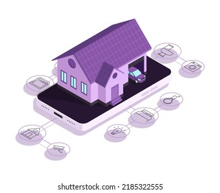 Smart home technology conceptual isometric vector illustration. Building connected with icons of domestic smart devices. Vector illustration concept of System intelligent control house on a white