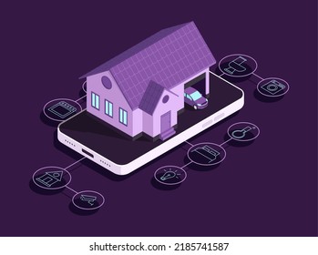 Smart home technology conceptual isometric vector illustration. Building connected with icons of domestic smart devices. Vector illustration concept of System intelligent control house on purple