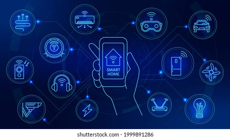 Smart home technology. Connected devices with smartphone app control. Internet of things automation system with digital icons vector concept. Illustration smartphone house, smart security app