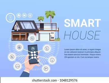 Smart Home Technology Of Control And Administration With Hands Holding Smartphone