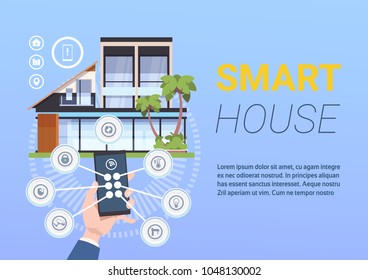 Smart Home Technology Of Control And Administration With Hands Holding Smartphone