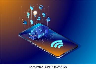 Smart home technology design concept. Isometric vector illustration showing house on the cell phone and smart home system that controls lighting, climate, entertainment systems, and appliances.