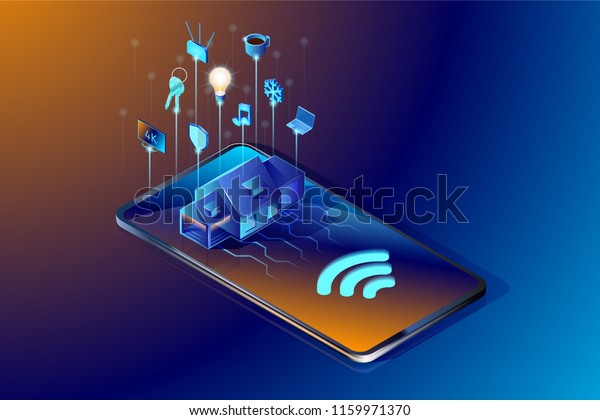 Smart home technology design concept.\
Isometric vector illustration showing house on the cell phone and\
smart home system that controls lighting, climate, entertainment\
systems, and appliances.