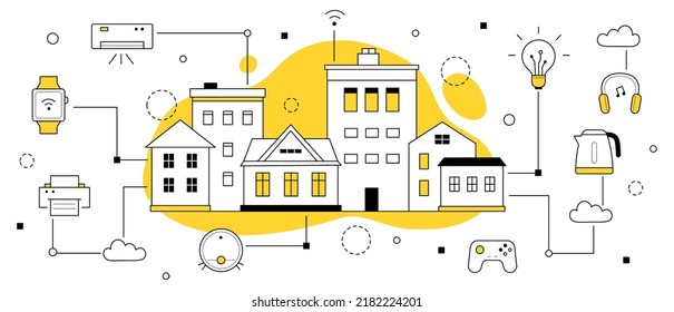 Smart Home Technology Doodle Concept. House With Internet Of Things System, Centralized Network Control Of Light, Heating, Ventilation, Air Conditioning, Security, Line Art Flat Vector Illustration