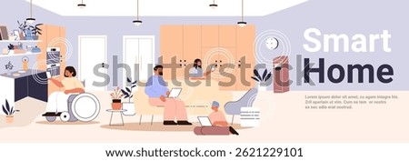 Smart home technology family using devices modern living room wireless automation diverse people plants furniture pastel colors website banner