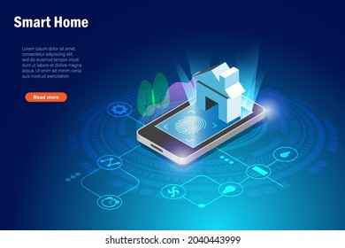Smart home technology and fingerprint security scanning on smartphone screen. Intelligent wireless application online 
connecting mobile phone to electronic home devices and equipments. 