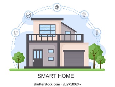 Smart Home Technology Control Sistema de iluminación, calefacción, ventilación y seguridad con un concepto moderno. Ilustración de vectores de fondo
