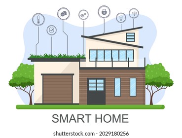 Smart Home Technology Control Sistema de iluminación, calefacción, ventilación y seguridad con un concepto moderno. Ilustración de vectores de fondo