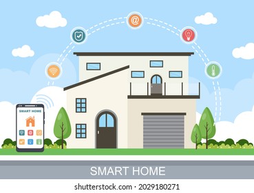 Smart Home Technology Control Sistema de iluminación, calefacción, ventilación y seguridad con un concepto moderno. Ilustración de vectores de fondo