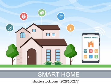 Smart Home Technology House Control System Of Lighting, Heating, Ventilation and Security with a Modern Concept. Background Vector Illustration
