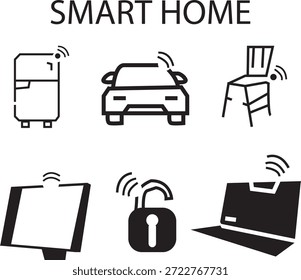 Conjunto de iconos de tecnología inteligente para el hogar con dispositivos conectados inalámbricos que incluyen refrigerador, automóvil, silla, tableta, cerradura inteligente y computadora portátil.