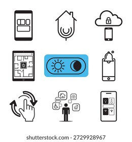 Smart home technology icons set for mobile app interface and system control.