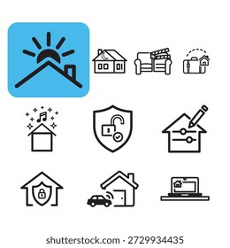 Conjunto de iconos de tecnología inteligente para el hogar para seguridad, automatización y entretenimiento.