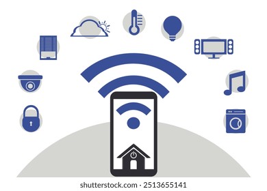 Smart home technology illustration showing icons for security, lighting, climate control, appliances and media, all connected via mobile devices, white and gray background. (SHOTLISTtech)