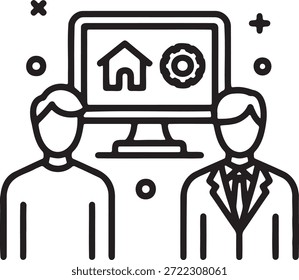 Concepto de integración de tecnología inteligente para el hogar con agente inmobiliario y cliente que discute Configuraciones inmobiliarias. Monitor de computadora que muestra iconos de casa y equipo que representan servicios de control remoto y administración del hogar para la vida moderna. Ilustración de arte de línea de Vector para servicios empresariales y tecnológicos.