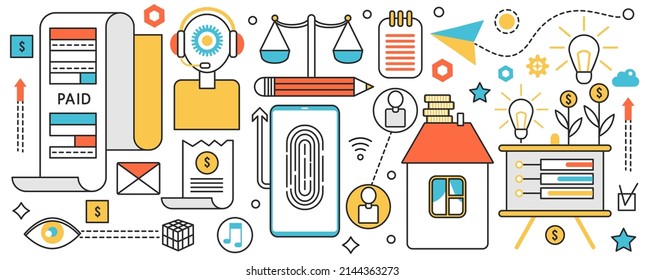 Tecnología residencial inteligente. Sistema de tecnología de Internet con control y soporte automatizado, aplicaciones de seguridad, acceso virtual con huella dactilar en banner de concepto de infografía, diseño de arte de línea delgada