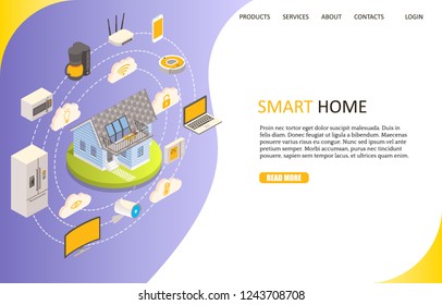 Smart home technology landing page website template. Vector isometric illustration. Home automation or internet of things concept.