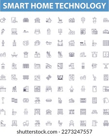 Smart home technology line icons, signs set. Smart, Home, Technology, Automation, Connected, Security, Climate, Lighting, Remote outline vector illustrations.
