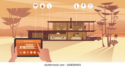 Smart Home Technology makes life at cottage more comfortable and safer. Manage IoT devices using your tablet over the network. Flat isometric vector illustration.