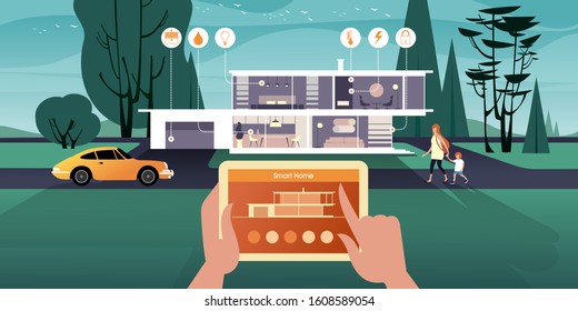 La tecnología Smart Home hace que la vida en el rancho sea más cómoda y segura. Administre sus dispositivos IoT con su tablet a través de la red. Ilustración vectorial isométrica plana.