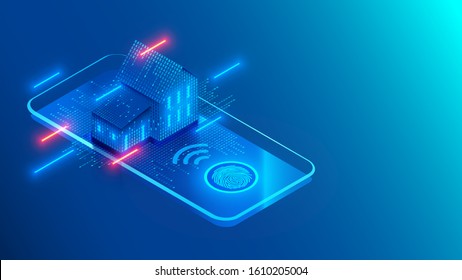 Smart home technology on screen smartphone on blue background. Internet of things conceptual isometric illustration. Digital House. Access to IOT systems using a fingerprint on a mobile phone.