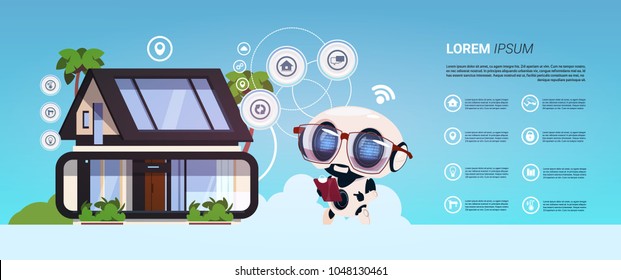 Smart Home Technology Of Robot Administration Infographic Banner, Modern Home System Of Control