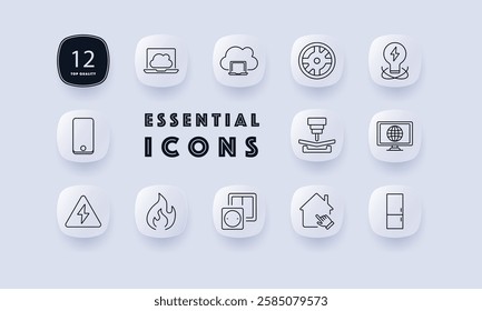 Smart home technology set icon. Laptop, cloud, digital connection, gear, energy, fire, electricity, automation, online security, internet of things, smart devices, industrial innovation, home control