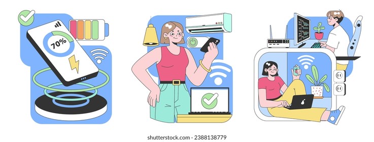 Smart Home Technology set. Modern devices integration for efficient living. Quick phone charging, remote air conditioning, wireless connectivity. Work and leisure in interconnected environment.