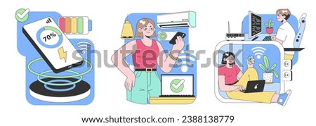 Smart Home Technology set. Modern devices integration for efficient living. Quick phone charging, remote air conditioning, wireless connectivity. Work and leisure in interconnected environment.
