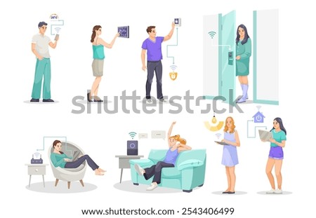 Smart Home Technology Set with People Interacting. Vector illustration