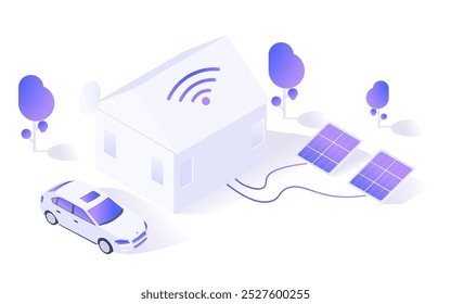 Smart home technology with solar panels and car. Vector illustration