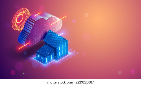 Smart home technology system concept banner. Home consists digits and connected with domestic smart devices through cloud storage. Digital control system of smart house. IOT and Cloud computing tech.