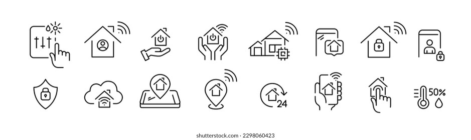 Tecnología residencial inteligente. Control del clima de temperatura, seguridad y control remoto. Juego de iconos de trazo de píxeles perfectos y editables