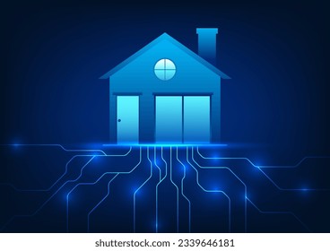 Smart home technology that uses Internet of Things signals to connect with home technology devices to work on command. Vector illustration of a house with a circuit board connected below.