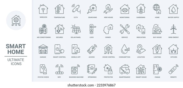 Smart home technology thin line icons set vector illustration. Outline mobile app symbols for control service of house system, surveillance security and conditioning, status of remote lock and access