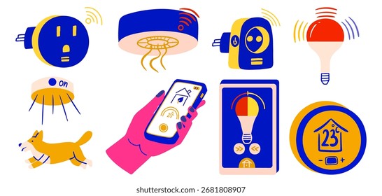 Elementos de diseño planos de moda con tecnología inteligente para el hogar. Bombilla, enchufe y termostato controlados por Wifi. Interfaz de App móvil, control de temperatura. 