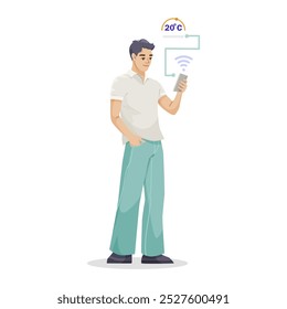 Usuario de tecnología inteligente para el hogar que interactúa con el dispositivo móvil. Ilustración vectorial