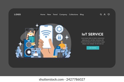 Smart Home Technology web or landing page. Integrated IoT services for connected devices. Enhancing home automation and security. Streamlined control through mobile applications. Vector illustration.