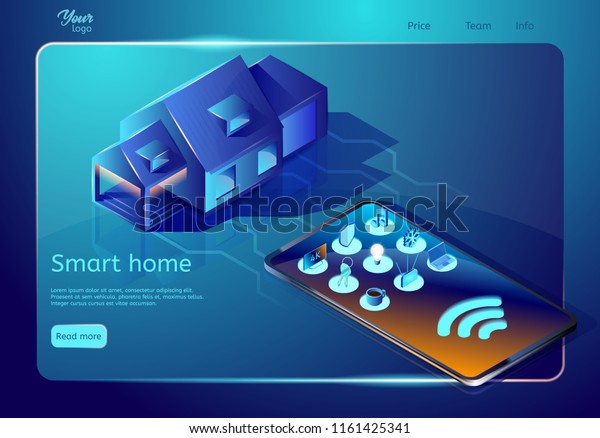 Smart home technology web page template.\
Isometric vector illustration. house connected to the cell phone.\
Smart home automated system for controlling lighting, temperature,\
multimedia, security