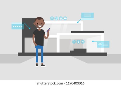 Smart home technology. Young black male character holding a smartphone. Remote control. Application interface. Pop up windows and icons. Flat editable vector illustration, clip art