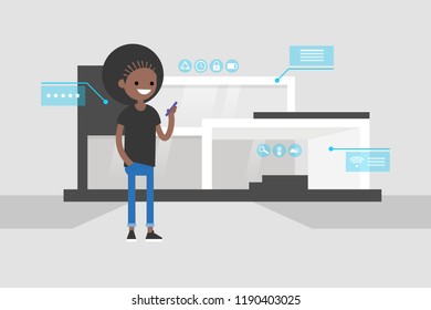 Smart home technology. Young black female character holding a smartphone. Remote control. Application interface. Pop up windows and icons. Flat editable vector illustration, clip art