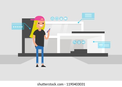 Smart home technology. Young female character holding a smartphone. Remote control. Application interface. Pop up windows and icons. Flat editable vector illustration, clip art