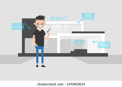 Smart home technology. Young male character holding a smartphone. Remote control. Application interface. Pop up windows and icons. Flat editable vector illustration, clip art