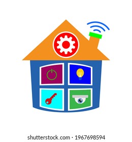 Smart home template design with wifi, cogwheel and things and items icons. Vector clipart and drawing in cartoon style. Isolated illustration.