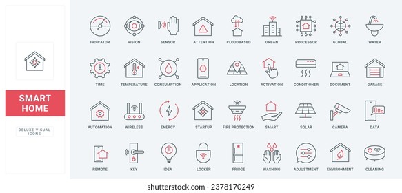 Smart home thin black and red line icons set vector illustration. Outline automation system pictograms collection, electricity and energy, temperature control with cloud or wireless online commands