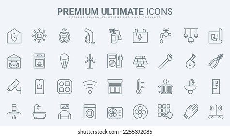 Smart home thin line icons set vector illustration. Outline systems of house to control temperature, energy and remote digital access, symbols of appliances and furniture, security mobile devices