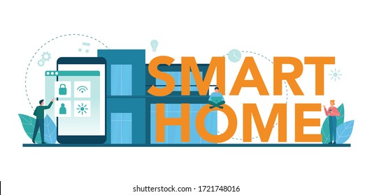Smart home typographic header concept. Idea of wireless technology and automation. Electronic security and light. Digital innovation. Vector illustration in cartoon style